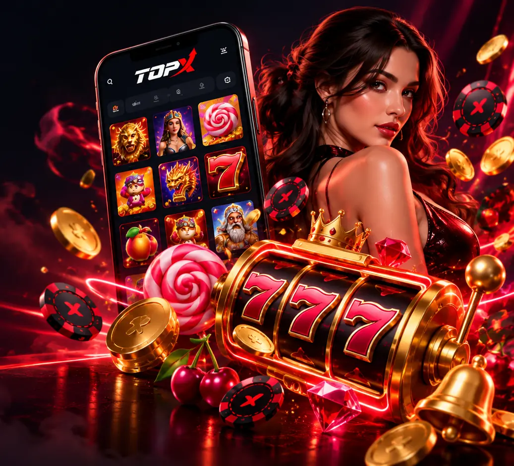 Slot 777 dourado, celular com a TopX, fichas e moedas em luz vermelha