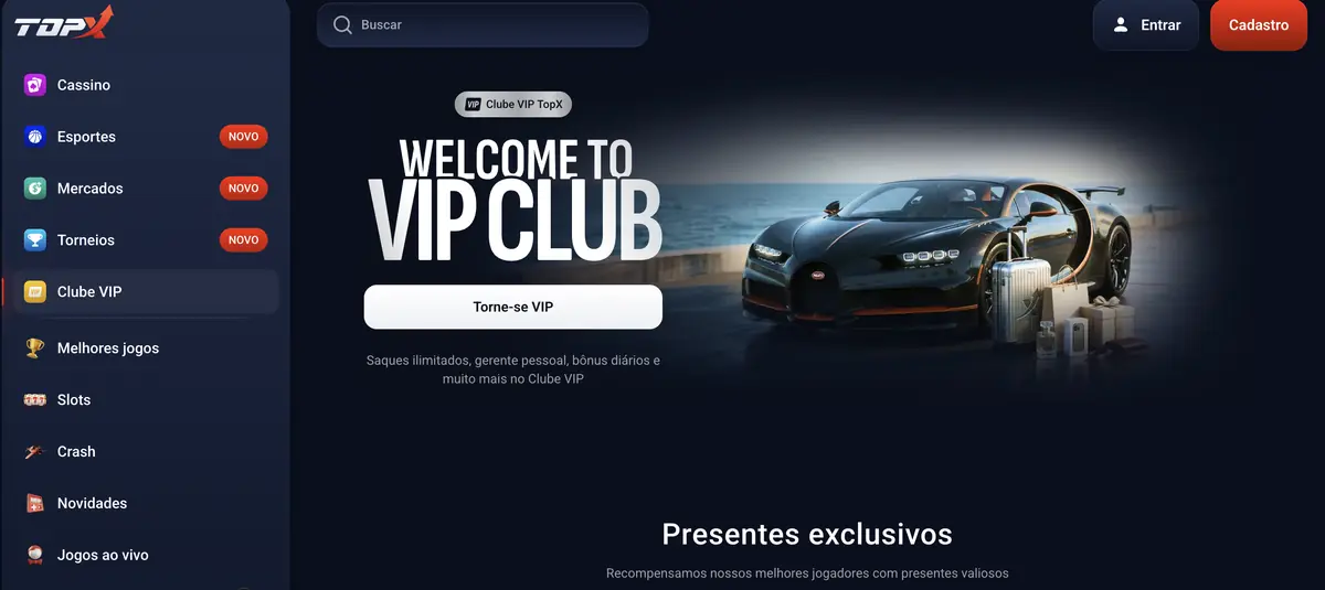 Página do Clube VIP da TopX com carro esportivo e botão Torne-se VIP